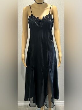Elegant Black Lace-Trim Satin Slip Dress